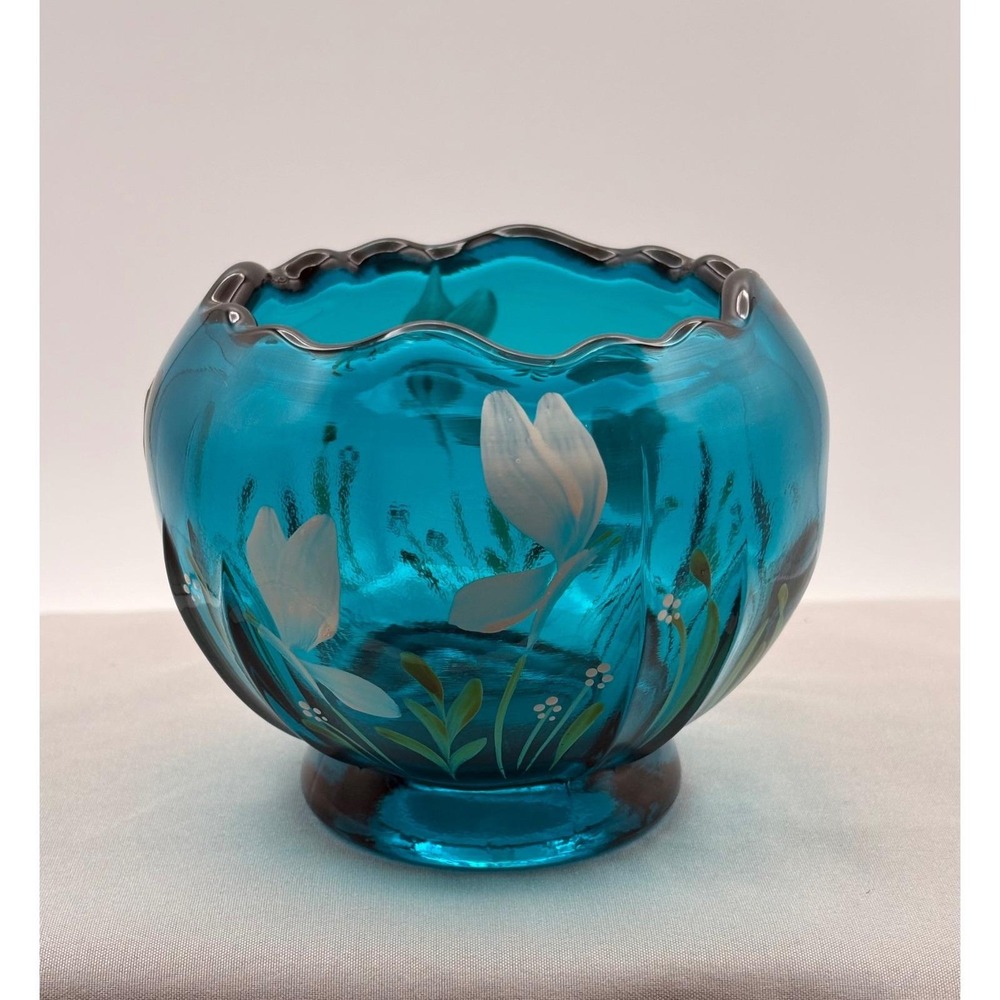Vintage Fenton Azure Blue Butterfly Minuet Votive Bowl Signed TJ Mendenhall 2005